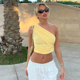 Amfeov Y2K Casaul Solid Color Summer Women T Shirt Pullover Slash Neck One Shoulder Sleeveless Crop Tops Ruched Slim Basic El