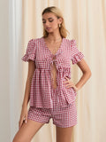 Amfeov Women's Summer Plaid Outfits Ruffled Short Sleeve Tie-Up Front Peplum Tops with Elastic Waist Shorts Set Streetwear Loungewear