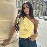 Amfeov Y2K Casaul Solid Color Summer Women T Shirt Pullover Slash Neck One Shoulder Sleeveless Crop Tops Ruched Slim Basic El