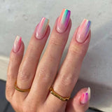 Amfeov 24pcs Short Square Fake Nails French Colorful False Nails Pink Cloud Full Cover  Press on Nails Summer Nail