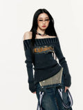 Black Friday Amfeov Y2k Vintage Striped Off Shoulder Sweater Gray Letter Print Pullover Gothic Style Long Sleeve Punk Grunge Alt Clothes 90s