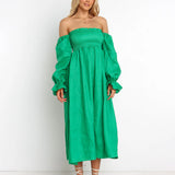 Women’s Sexy Off The Shoulder Long Dress Summer One Neck Puff Long Sleeves Maxi Dress Slim Waist Pleated A-Line Female Dresses