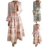 Amfeov Bohemian Geometric Printed Dress Summer Women V-Neck Flare Long Sleeve Maxi Dress Casual Loose Beach Dresses Holiday Vestidos