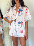 Amfeov Women's Summer Loose Shorts Outfits Mermaid Print Short Sleeve Button Down Lapel Tops with Elastic Waist Shorts Set Lounge Beach