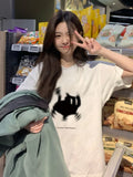 Back To School Amfeov White Print Women T-shirts Summer Streetwear Harajuku Short Sleeve Loose Tops Y2k Aesthetic Cat Graphical Casual Tees