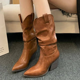 Amfeov Female Western Boots Cowboy Boots Women Plested Women Ankle  Pu Leather Shoes Autumn Boots Women Booties Lady Plus Size 42