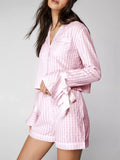 Amfeov Women Plaid Pajama Set Long Sleeve Tie-up Button Closure Shirt with Shorts Female Comfy Cozy Summer Spring Sleepwear Loungewear