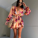 Black Friday Amfeov V-Neck Flower Printing Jumpsuit Dress For Women Elegant Draped Lace Up Long Sleeves Elastic Waist Fashion Dress Playsuits