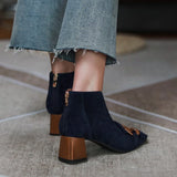 Amfeov NEW Women Boots Sheep Suade Round Toe Square Heel Mid-Heel Ankle Boots Fringed Zipper Fashion Solid Office Lady Shoes Plus Size