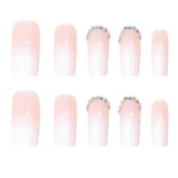 Amfeov Nail Inspo 2024 Summer 24pcs Square False Nails French Rhinestone Glitter Pink Gradient Press On Nails 2024 Summer New DIY Fresh Removable Nail Tips