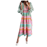 Amfeov Casual Summer 2024 Bohemian Long Dress For Women V-Neck Puff Long Sleeve Maxi Dress Female Loose Fit Printed Dresses Holiday