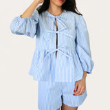 Back To School Amfeov Women's Y2K 2Pieces Set 3/4 Puff Sleeve Bow Tie-up O Neck Peplum T-shirt + Elastic Waist Shorts Striped Summer Outfit