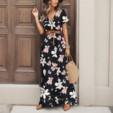 Amfeov Floral Printed Saches Long Dress For Women Summer Casual Deep V-Neck Short Sleeve Maxi Dress Female Slim Waist A-Line Dresses