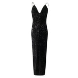 Amfeov Sexy Sequins Strapless Party Dress Women Deep V Neck Irregular-Hem High Split Evening Long Dress Sleeveless Bodycon Dresses