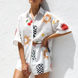 Back To School Amfeov Women’s Summer Casual Loose 2Pcs Outfits Printed Short Sleeve Lapel Collar Button Up Shirt Tops+ Shorts Set Beachwear