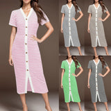 Amfeov Casual Summer Striped Printed Long Dress For Women V-Neck Short Sleeve Maxi Dress Female Button Up Slim Fit Bodycon Dresses