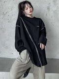 Back To School Amfeov Off Shoulder Zipper T-shirts Women Streetwear Zip Up Long Sleeve Loose Tee Design Harajuku Hip Hop 0-neck Grunge Clothes