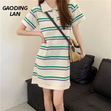 Amfeov-Korean Age Reduction Contrast Stripe Women Dress Summer Short Sleeve Loose Polo Collar Dresses Preppy A Lnie Knitted Mini Dress