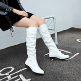 Amfeov Autumn and Winter New Knee High Boots Women Designer Heel High Black Boots Women's Leather Boots Plus Size 35-43 Botas De Mujer