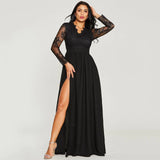 Amfeov Women‘s Sexy Evening Party Lace Embroidery Long Dress Summer V-Neck Long Sleeve Maxi Dress Ladies Pleated High Split Dresses