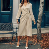 Amfeov Fashion Simple OL Mid-Calf Dress Woman Elegant High Waist V Neck Long Puff Sleeve Dresses Female Office Pleated Vestidos