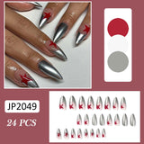 Amfeov 24pcs/box Fake Nails Y2k Short-Length Stiletto With Silver Star Spots Wearable False Nails Set Press On Long Almond French Tips August Nails 2024