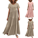 Amfeov Summer Women's Pleated Long Dress Round Neck Short Sleeve A-Line Maxi Dress Ladies Casual Solid Color Loose Female Dresses