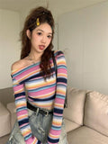 Black Friday Amfeov Long Sleeve Striped Sweater Off Shoulder Jumpers for Women 2024 Kawaii Pullover Y2k Korean Style Sweet Girls Top Fashion