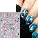 Amfeov 5D Lucky Koi Carp Summer Goldfish Nail Art Sticker Ocean Beach Mermaid Sea Lotus Chinese Style Adhesive DIY Manicure Foils Decal