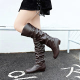 Amfeov Autumn and Winter New Knee High Boots Women Designer Heel High Black Boots Women's Leather Boots Plus Size 35-43 Botas De Mujer