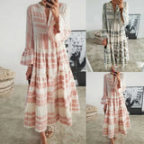 Amfeov Bohemian Geometric Printed Dress Summer Women V-Neck Flare Long Sleeve Maxi Dress Casual Loose Beach Dresses Holiday Vestidos