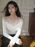 Black Friday Amfeov White Off Shoulder Knit Sweater Women Lace Transparent Mesh Long Sleeve Crop Pullovers Fairycore Aesthetics Clothes Chic