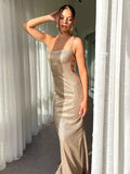 Black Friday Amfeov Glitter Slip Backless Bandage Maxi Dress Women's Sexy Elegant Evening Party Dresses Bodycon Beach Spaghetti Strap Dress