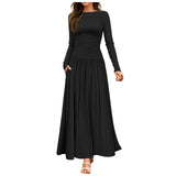 Amfeov Women's Long Sleeve Maxi Dress 2024 Fall Crewneck Casual Slim Women Dresses Cocktail High Waist Temperament Dresses for Women