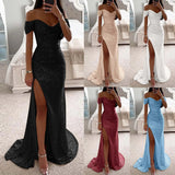 Sexy Sequin Evening Party Prom Long Dress Women Elegant V-Neck Gown Dress Off Shoulder Slim High Split Gown Female Vestidos