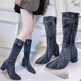 Amfeov Sexy Jean Boots Women's Mid Calf Boot Zipper High Heel Woman Stylish Jeans Boots Ladies Denim Boot Female Shoes Cowboy 2024