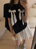 Back To School Amfeov Black Bow Lace Up T Shirts for Women O-neck Short Sleeve Loose Casual Tops Korean Fashion Chic Aesthetic Clothing Summer