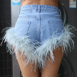 Back To School Amfeov Feather Tassel Jean Shorts Women Clothing Summer Sexy Slim Shorts Femme Street Fashion Beach Hot Girl Bottoms 2024 New