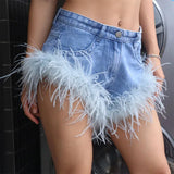 Back To School Amfeov Feather Tassel Jean Shorts Women Clothing Summer Sexy Slim Shorts Femme Street Fashion Beach Hot Girl Bottoms 2024 New