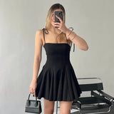 Back To School Amfeov hoco dresses Folds Mini Suspender Dress For Women Lace Up Sleeveless Birthday Club Party Dress Solid Patchwork Female Elegant Summer