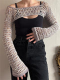 Back To School Amfeov Hollow Out Knit Shrug Sweater Pullover Tops Summer Long Sleeve Mesh Knitwear Top Cropped Fishnet Crochet Shrug For Women