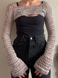 Back To School Amfeov Hollow Out Knit Shrug Sweater Pullover Tops Summer Long Sleeve Mesh Knitwear Top Cropped Fishnet Crochet Shrug For Women