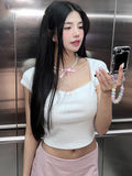 Back To School Amfeov Lace Bandage Shirts For Women 2024 Summer Pink Lovely Crop Tops Womens Street Casual Bodycon Lace-up Tank Top Ladies New