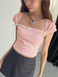 Back To School Amfeov Lace Bandage Shirts For Women 2024 Summer Pink Lovely Crop Tops Womens Street Casual Bodycon Lace-up Tank Top Ladies New