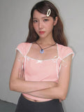 Back To School Amfeov Lace Bandage Shirts For Women 2024 Summer Pink Lovely Crop Tops Womens Street Casual Bodycon Lace-up Tank Top Ladies New