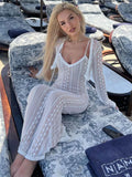 Back To School Amfeov Lace Dress Sets Women Bodycon Long Sleeve Cover-up Ladies Split V Neck Slim High Waist Dresses For Woman Summer Casual