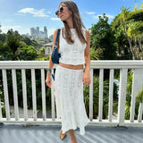 Back To School Amfeov Lace Skirt Suit Women Summer White Slim Sleeveless Crop Tops Ladies Holiday Casual Beach Skirt 2 Piece Set Womens Outfits