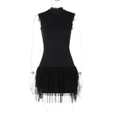 Back To School Amfeov hoco dresses Mesh Splice Mini Vest Dress For Women Slim Fit Sexy Hip Wrap Sleeveless Summer Female Club Party Bodycon Dresses Fashion