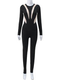 Back To School Amfeov Mesh Stitching Jumpsuit Women Long Sleeve Bodycon One Piece See Through Monos Mujer Elegante Club Sexy Women’s Playsuit