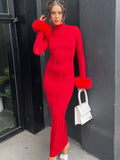 Back To School Amfeov hoco dresses Red Feathers Summer Dress For Women 2024 Long Sleeve Backless Bodycon Maxi Dress Elegant Ladies Party Evening Dresses